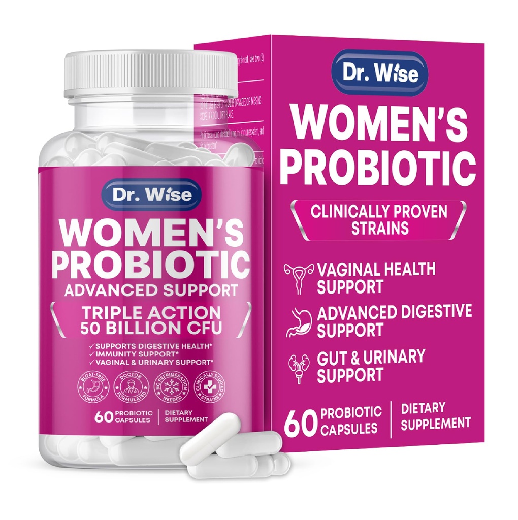 Probiótico femenino 50 millones de millones CFU – apoya la digestión, el alivio de la hinchazón, el olor vaginal y el equilibrio de pH – Salud de la tracción urinaria – Strains clínicamente investigados – No GMO, 60 cápsulas