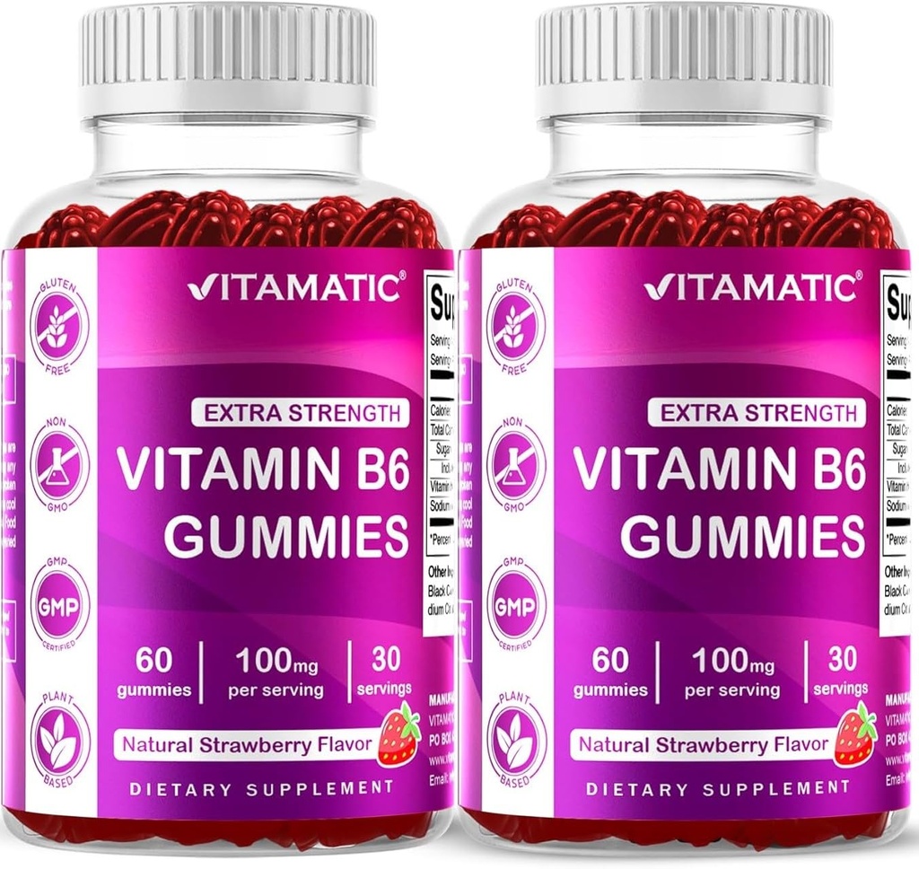 Vitamatic 2 Packs Vitamina B6 100mg Gummies – Natural Strawberry Flavor – 60 Gummies basadas en Pectina por botella – Sistema nervioso &amp; Apoyo energético