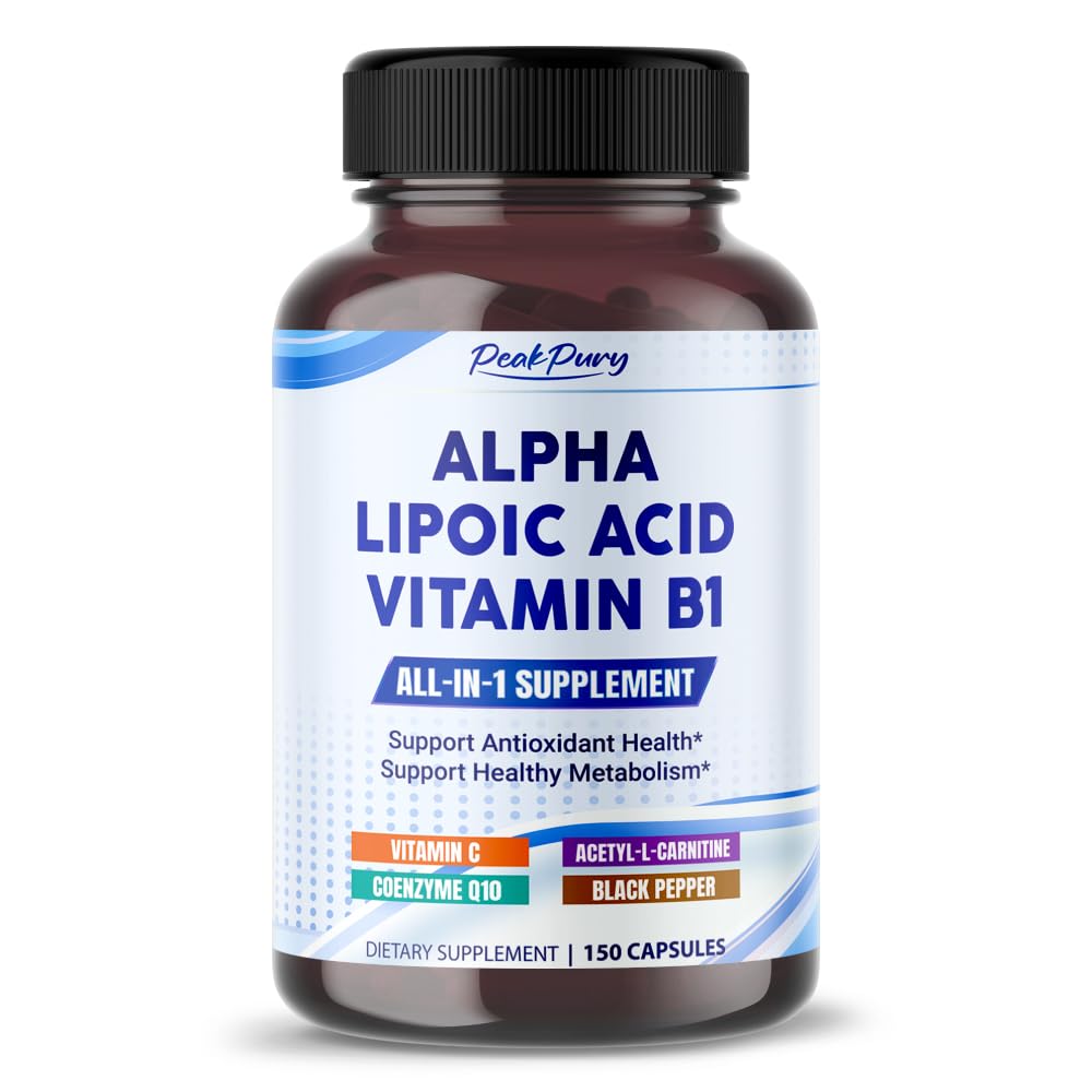 Ácido lipoico alfa con vitamina B1 - Apoya la salud antioxidante y el metabolismo saludable - Incluye vitamina C, Acetyl-L-Carnitina, CoQ10 - Hecho en los EE.UU.- 150 cápsulas