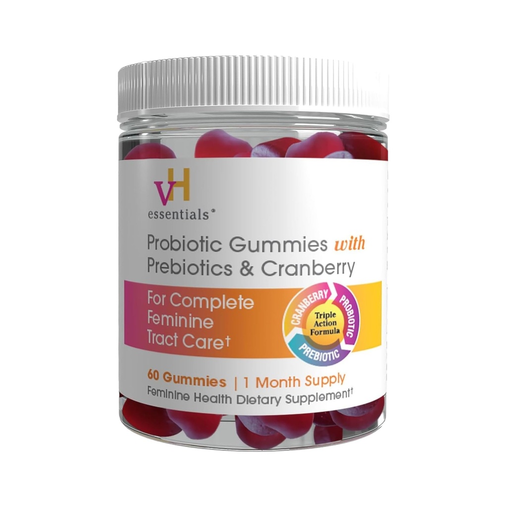 VH esencial Gummies Probióticos con Arándano Prebiótico, Extracto Concentrado para la Salud del Tracto Urinario, soporta Microflora Vaginal Equilibrio para un Tracto Femenino Saludable, 60 Cuenta