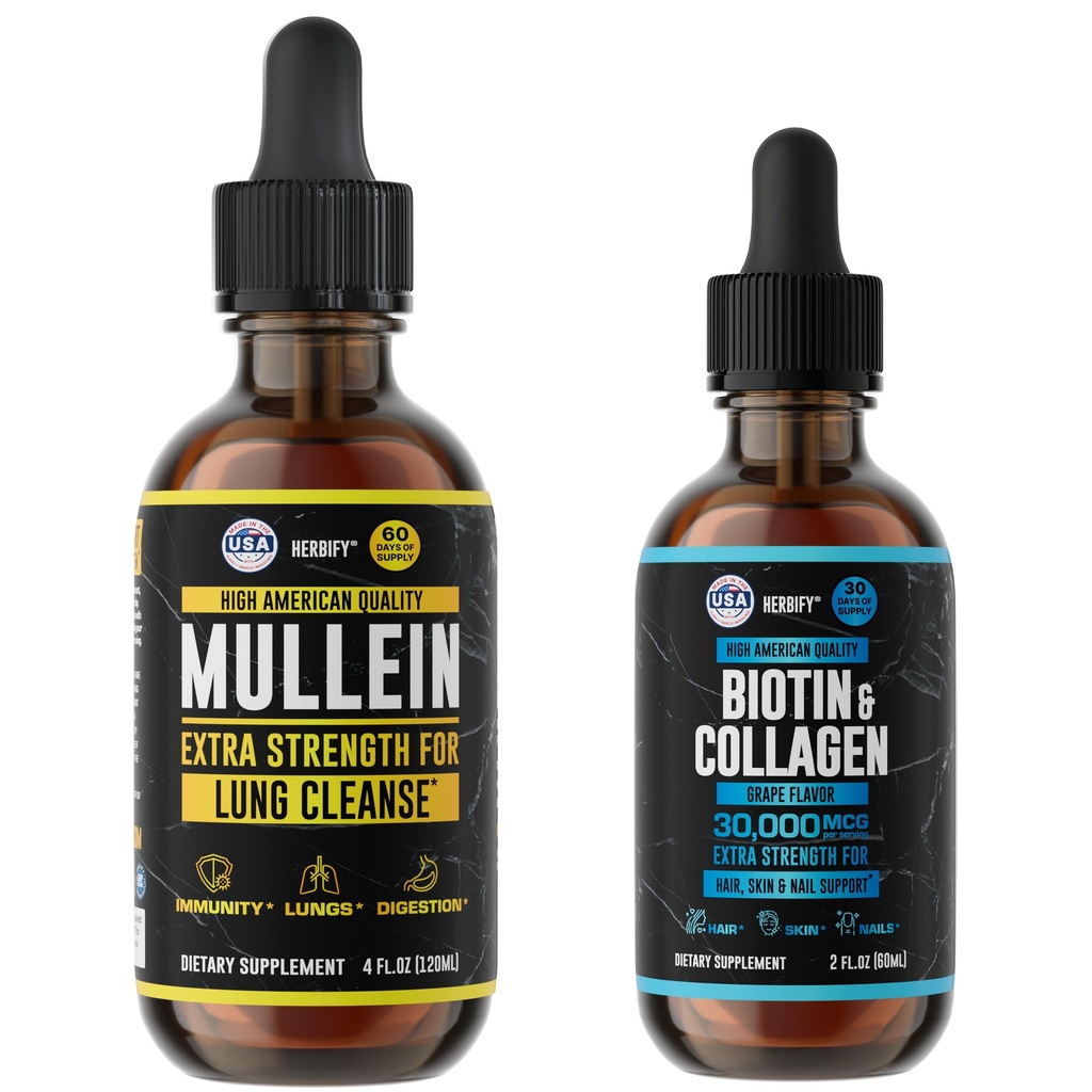 HERBIFY Bundle - Mullein Leaf Extract " Biotin and Collagen - Respiratory Support " Hair Skin and Nails Vitamins Support