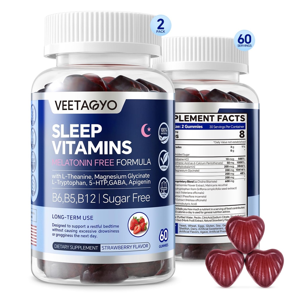 Melatonin Free 5-HTP GABA Suplemento Gummies para adultos &amp; niños 12+ con L-Theanine, Magnesium Glycinate, L-Tryptophan, Apigenin - Sugar Free, Strawberry Flavor, Vegan, 120 Cuenta