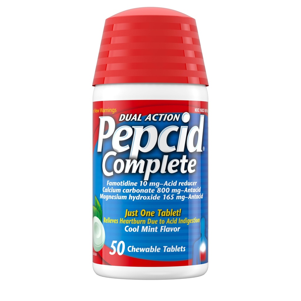 Pepcid Reductor completo de ácido + antiácido para reflujo ácido, 10 mg de Famotidina, 800 mg de carbonato de calcio & 165 mg Hidroxido de magnesio por tableta de medicina de acidez cardíaca, cerdas de ácido, menta, 50 ct