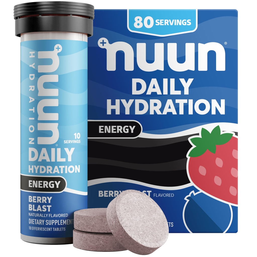 Nuun Energy Electrolyte Tablets with Ginseng, Caffeine from Green Tea Extract, Vitamin B12, B6, B5, Magnesium " 4 Other Electrolytes, Gluten Free " Vegan, Berry Blast, 8 Pack (80 Servings Total)