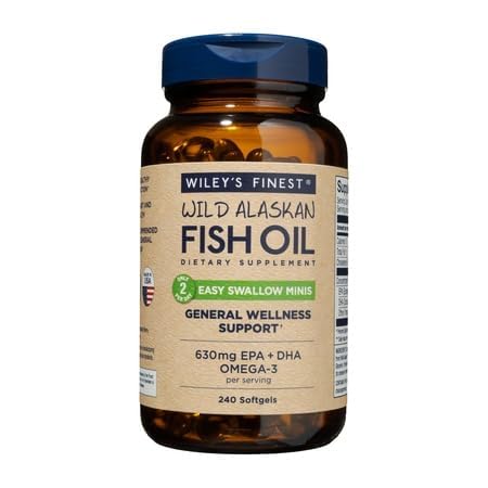 Wiley's Finest Wild Alaskan Fish Oil Easy Swallow Minis - Omega-3 Fish Oil Supplement for Adults and Kids - Double-Strength 630mg EPA y DHA Natural Supplement - 240 Mini Softgels (120 Servings)