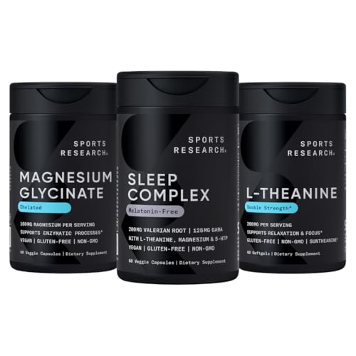 Sports Research Double Strength L-Theanine Supplement Softgels for Focus &amp; Relax, Magnesium Glycinate for Restful Sleep & Enzymatic Processes + Sleep Complex Melatonin-Free Vegan Capsules