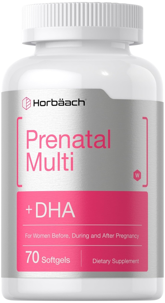 Multivitamina prenatal de las mujeres de Horbäach con DHA, Hierro y Ácido Fólico Silencio 70 Softgels ← No Gluten