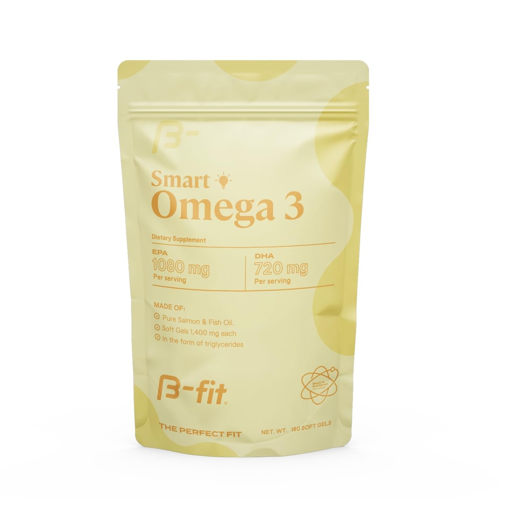 B-FIT Omega 3 Fish Oil - High Potency Patented Formula - 1800 mg con 1080 mg EPA & 720 mg DHA - 180 Odorless Softgels de Norwegian Salmon - 60-Day Supply - Heart, Brain &amp; Joint Support