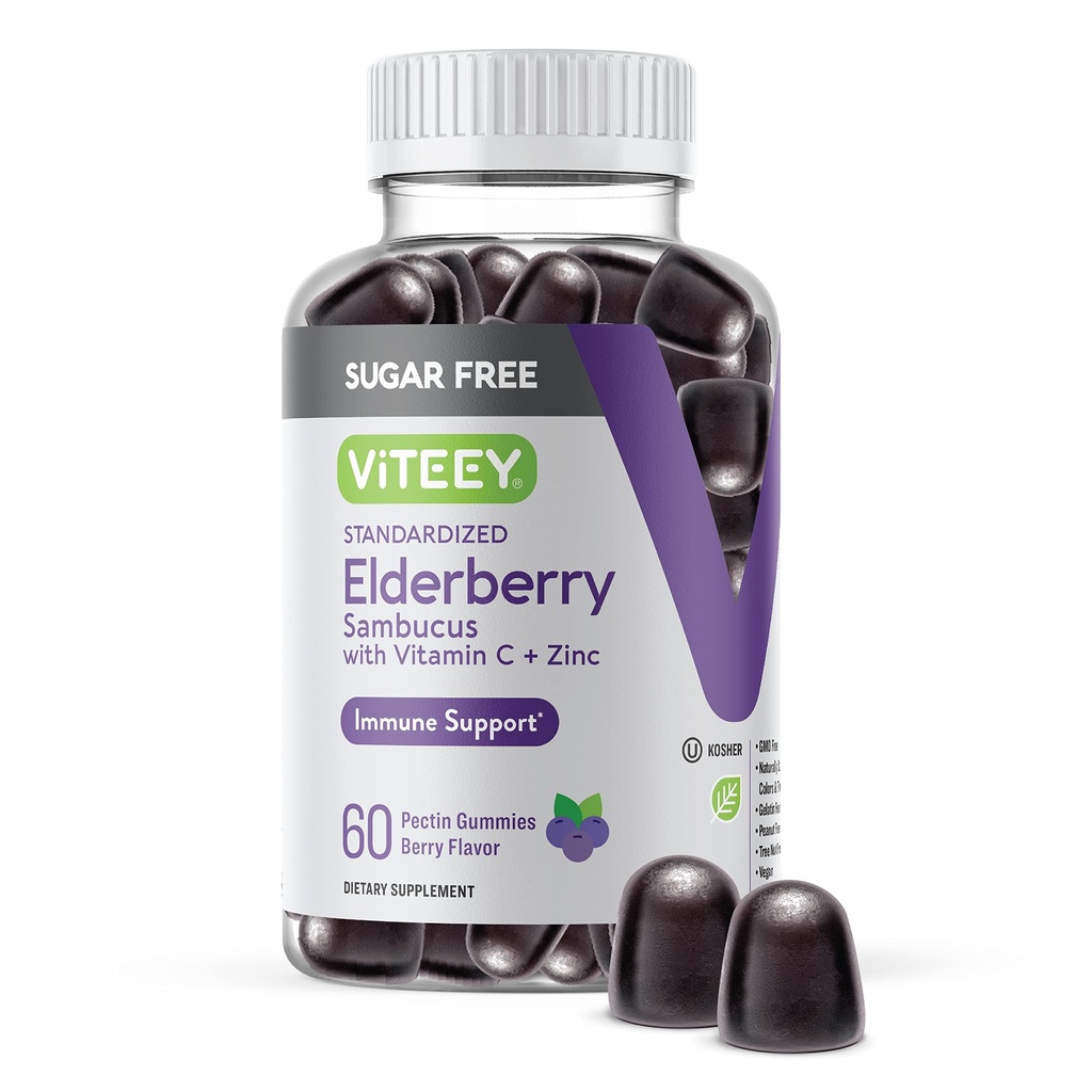 VITEEY Sambucus Elderberry Gummies for Adults &amp; Teens + Zinc &amp; Vitamina C - Sugar Gratis - Immune Support &amp; Booster Herbal Suplemento - Vegan, Gluten Gratis, Gelatin Free, GMO Gratis, Chewable Berry Flavored