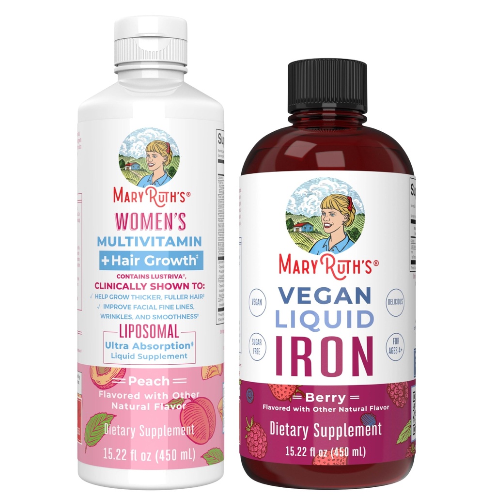 MaryRuth's Women's Multivitamin + Hair Growth Liposomal (Peach) & Iron Liquid (Berry) ← Clean Label Project Verified® tención Suplementos para la belleza, la inmunidad, " Global Health TEN Vegan, Non-GMO, Gluten-Free