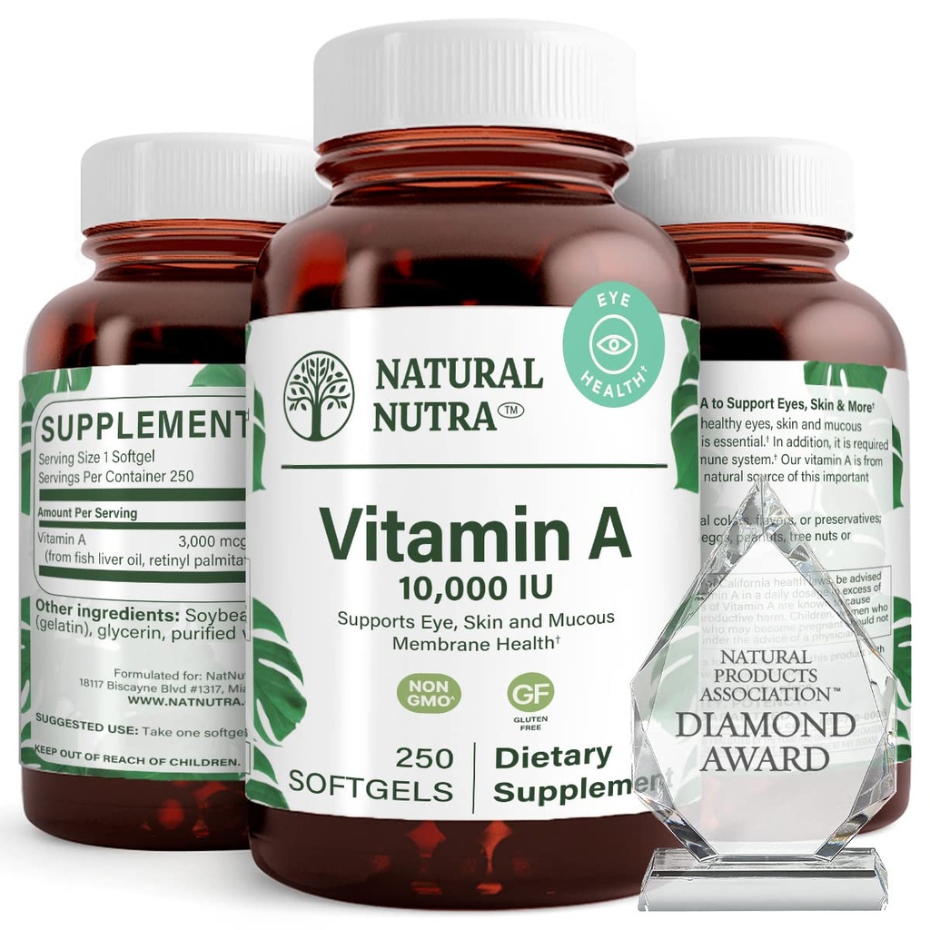 Vitamina Nutra Natural A 10,000 IU Softgels – High Potency Eye and Skin Vitamina sin gluten Un suplemento para la salud de la piel – Fish Liver Oil para hombres y mujeres, Gluten Free, 250 Softgels
