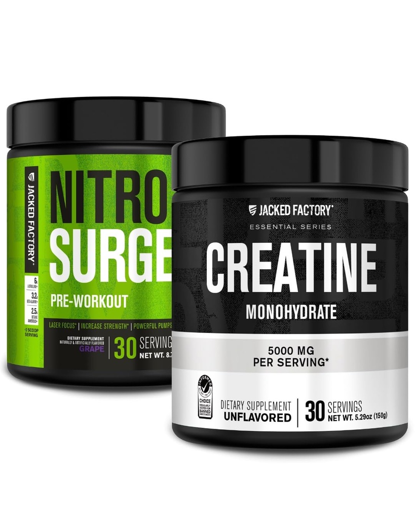 Gato Fábrica NITROSURGE Pre Workout Suplemento (Grape, 30 Servings) & Creatine Monohydrate Powder (Unflavored, 30 Servings)