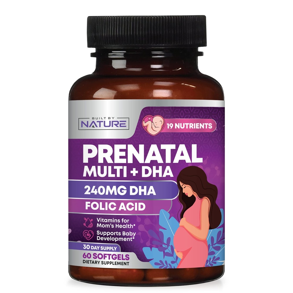 Vitaminas prenatales para Mujeres - Multivitamina con DHA, ácido fólico, vitamina C, B12, hierro &amp; Omega-3 - Antes, durante " suplemento de embarazo para el crecimiento saludable " Desarrollo cerebral - 60 Softgels