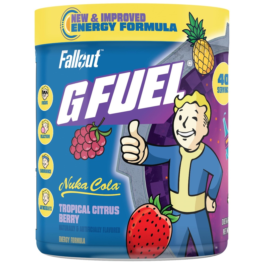 G Fuel Nuka Cola Energy Powder, Sugar Free, Clean Caffeine Focus Supplement, Water Mix, Tropical Citrus Berry Flavor, Focus Amino, Vitamina + Antioxidantes Blend - 9.8 oz (40 Servings)