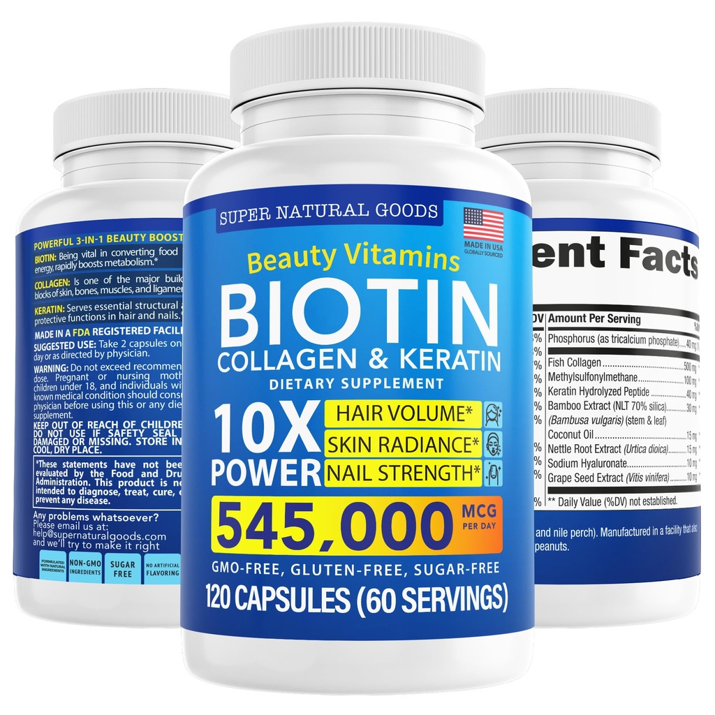 Biotina y colágeno Vitaminas + Keratina con Folato - Tratamientos de Pérdida de Cabello para Mujeres &amp; Hombre - Follicle, Skin y Nail Suplementos para el Crecimiento del Pelo &amp; Postpartum Support - GMO Gratis &amp; Gluten Free (120 Caps)