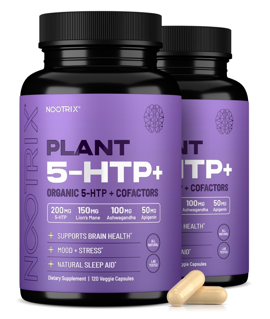 Planta orgánica Nootrix 5 HTP+ Suplementario ¦ apoya la memoria, el foco mental, la salud cognitiva y la energía permanente promueve la función sana del humor y el cerebro TEN Vitamin B6 &amp; L Theanine TEN 240 cápsulas