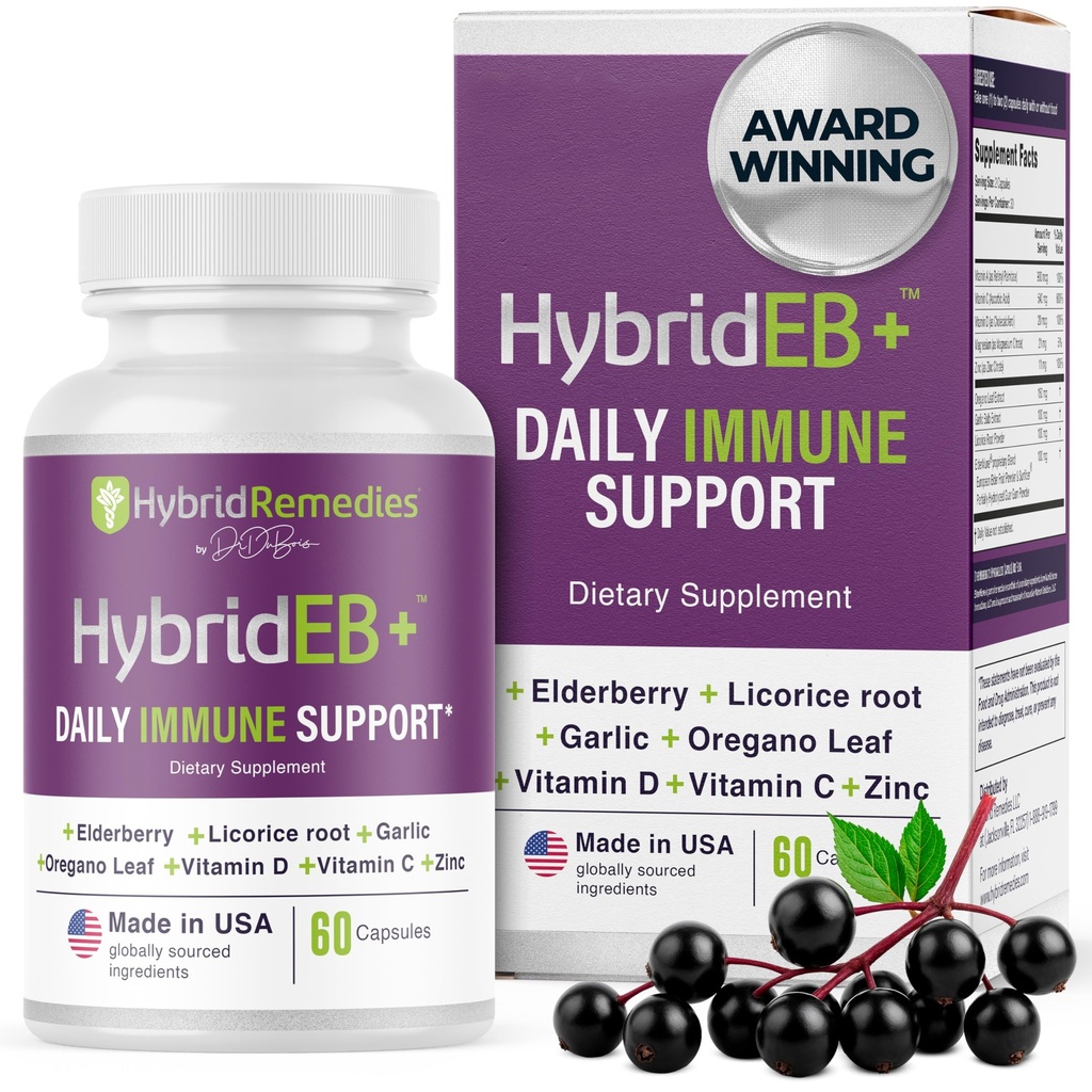 HybridEB Sambucus Elderberry Immune Support with Vitamin C, Zinc, Vitamin D3 - Antioxidant &amp; Immunity Supplement, 1 Month Supply - 9 in 1 Black Elderberry Kids and Adults - 60 cápsulas