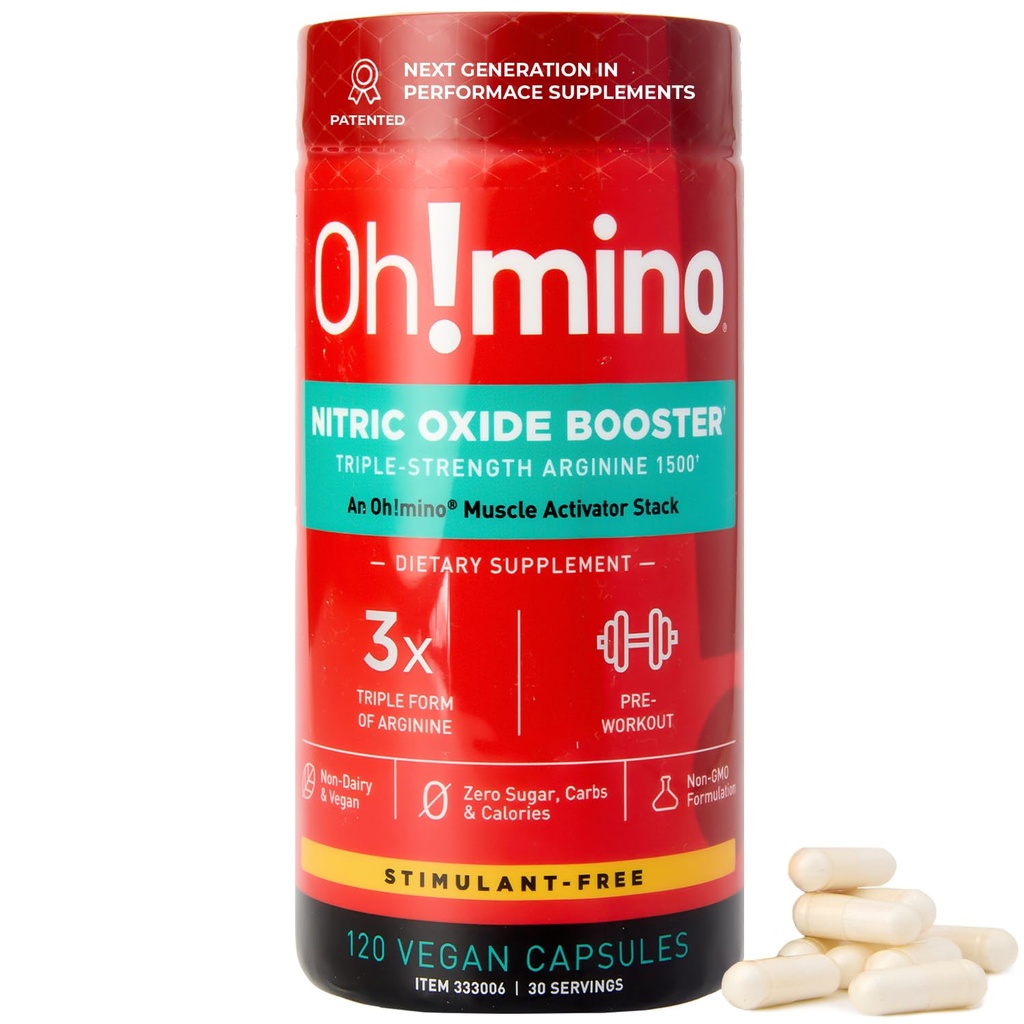 Oh!mino L-Arginina Nitric Oxide Suplemento - Suplemento de flujo sanguíneo, Nitric Oxide Booster w/Beetroot Powder for Energy, Focus, Endurance, Muscle Building - Pre &amp; Post Workout (120-Count, 30 Servings)