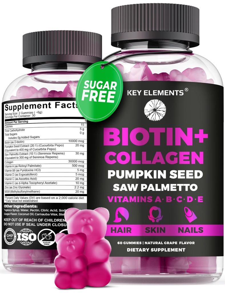 Piel de pelo y uñas 10000mcg Gummies & Collagen Gummies - Vitaminas de biotina para el crecimiento del cabello Pumpkin aceite de semilla, Saw Palmetto Extracto &amp; Vitaminas A B6 C D E - Suplementos de biotina y colágeno