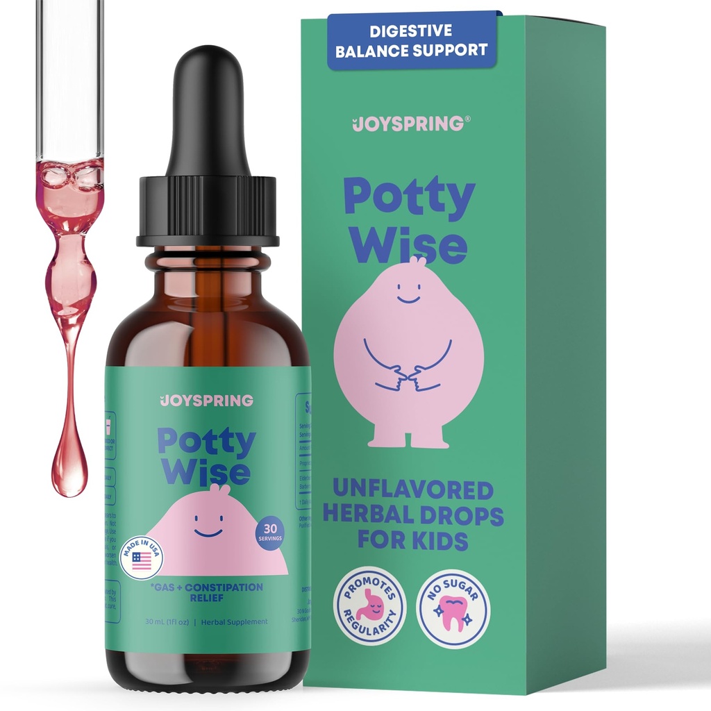 JoySpring Potty Wise Drops – Natural Constipation Relief for Kids &amp; Toddlers – Elderberry, Licorice Root Extract, Fennel Seed & Senna – Sugar-Free Vegan Liquid Blend Supplement (1 fl oz) 30 Servings