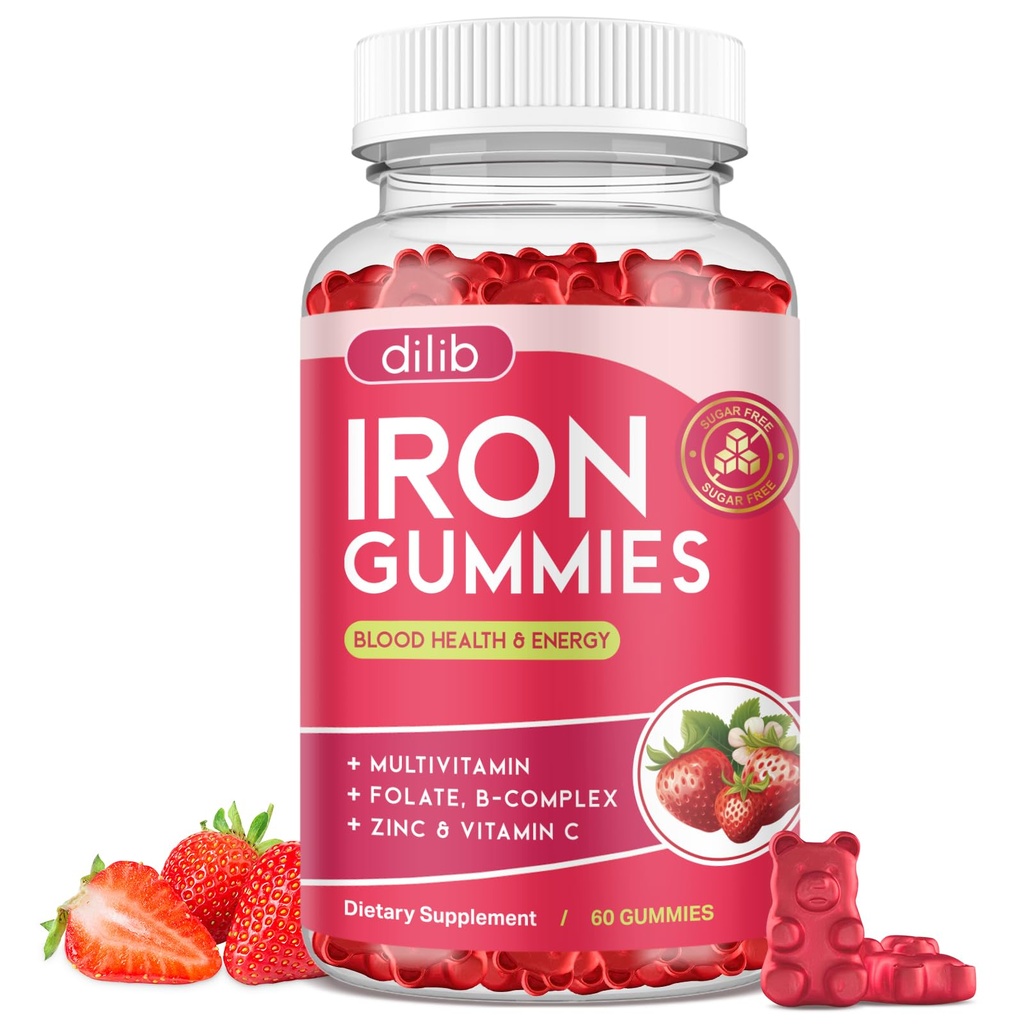 Mangas de hierro con multivitamina, suplemento de hierro para hombres con zinc, vitamina B Complejo " C, B12, Folate - Constructor de sangre " Apoyo energético para adultos " niños - sabor a fresa, Vegan 60 Gummies
