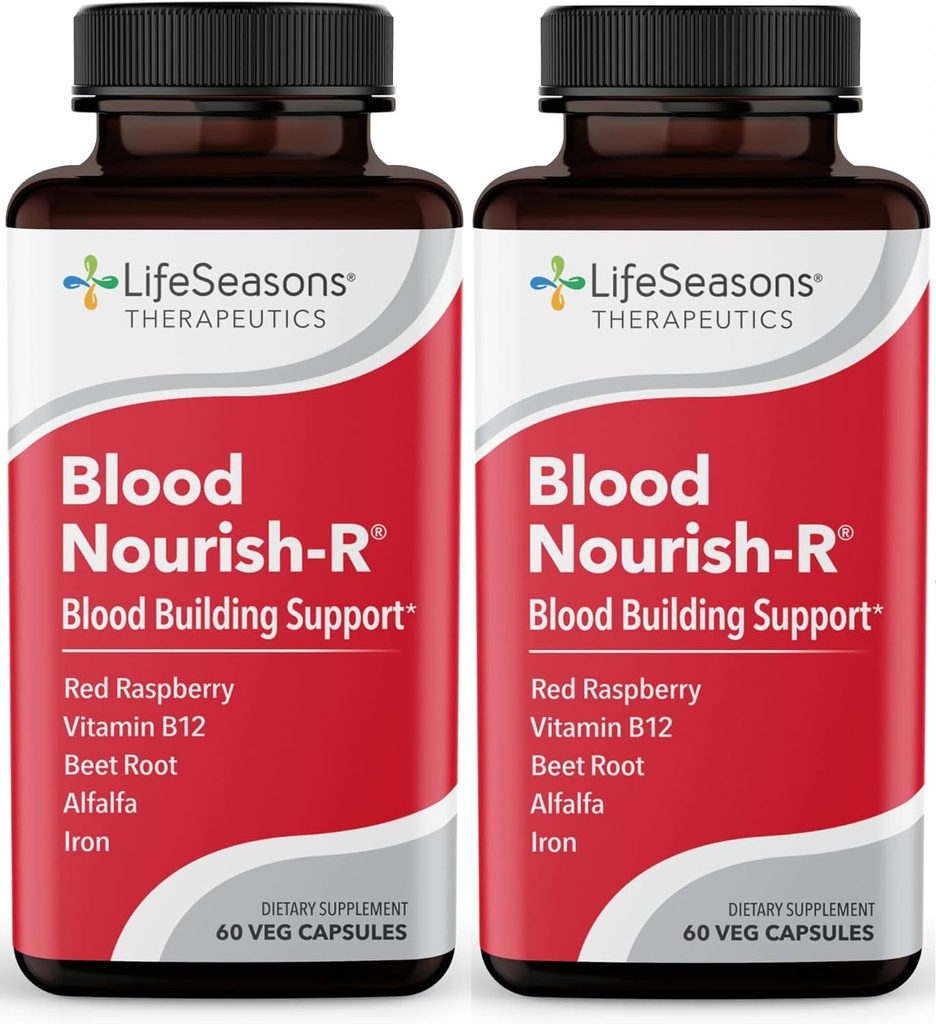 LifeSeasons Blood Nourish-R - Iron Supplement - Non Constipating - Supports Anemia, Fatigue, Paleness & Dizziness - Blood Building - Iron, Alfalfa, Raspberry & Vitamina B-12-60 Capsules (Pack of 2)