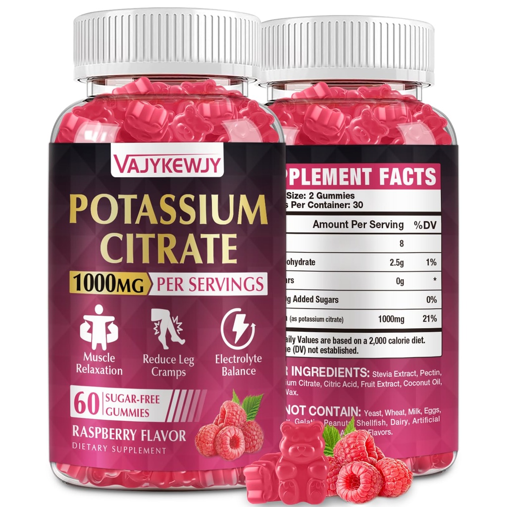 Gummies de citrato de potasio, suplemento de potasio alto (1000mg), apoya los calambres de las piernas y la salud muscular, adecuado para adultos " niños " , Vegan, no GMO, 60-Count