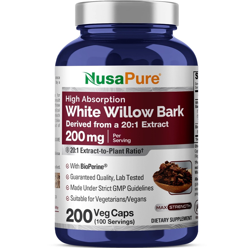 NusaPure White Willow Bark 20:1 Extracto, 200 mg Equivalente a 4000mg, 200 cápsulas vegetarianas, Max Strength, (No-GMO, Vegan)
