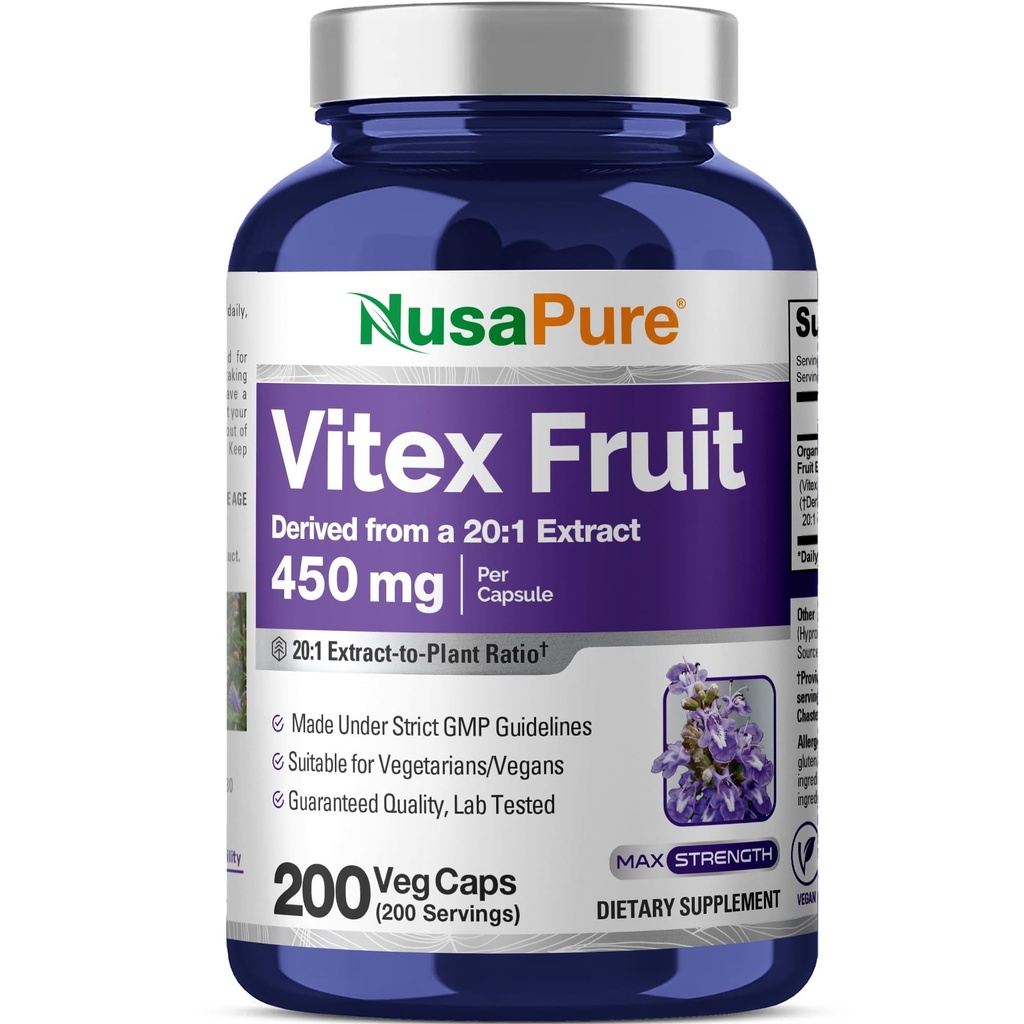 NusaPure Vitex Chasteberry Fruit 20:1 Extracto, 450 mg Equivalente a 9.000 mg 200 cápsulas Vegan - No GMO, Vegan Suplemento dietético
