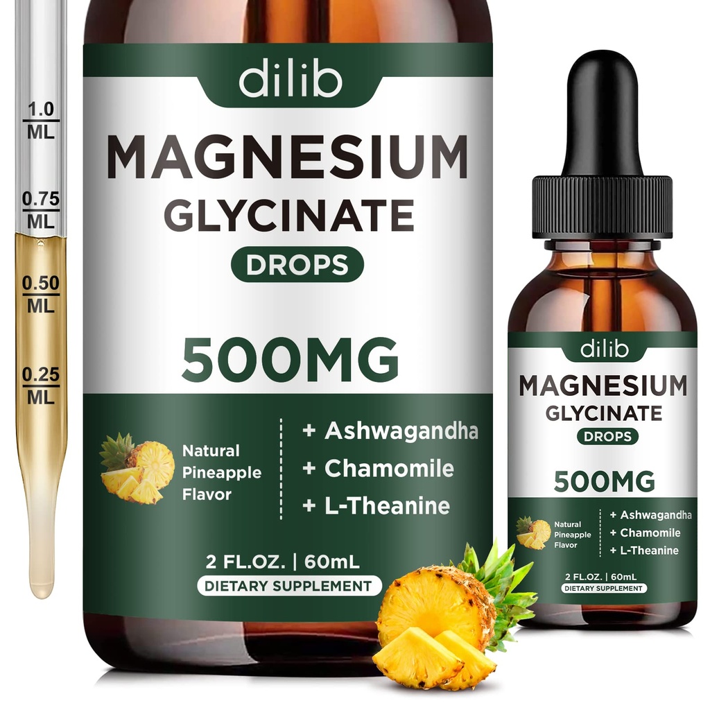 Magnesium Glycinate 500mg - Liquid Magnesium Drops, Ashwagandha, L - Theanine, Chamomile - Calm &amp; Stress Relief, Relaxation, Restful Sleep, Muscle Heart Health, Vegan - 2 Fl Oz (30 días)
