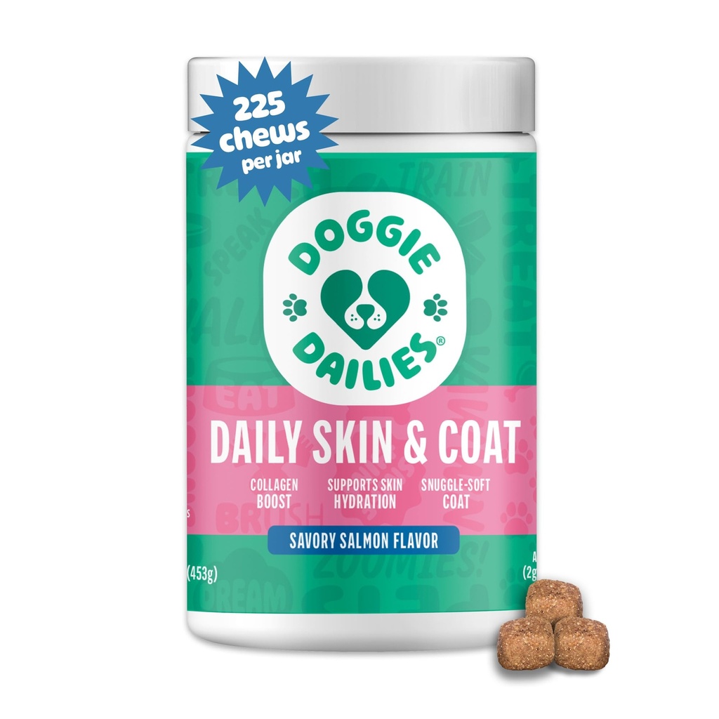 Doggie Dailies Skin &amp; Coat Supplement Support, Salmon Oil for Dogs Skin and Coat with Collagen, Omega 3, Krill Oil, Biotin, & Coconut Oil for Dogs (Salmon) 225 Soft Chews