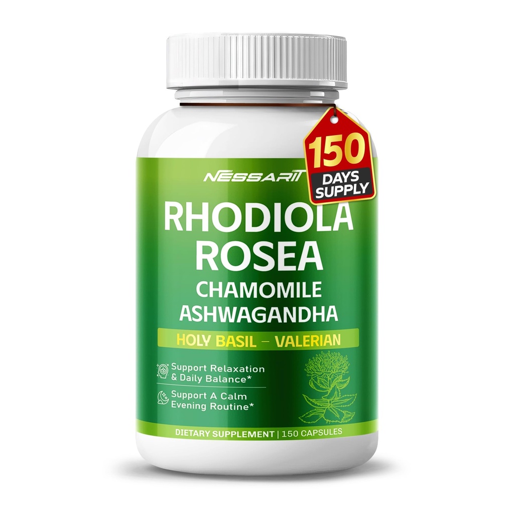 RHODIOLA ROSEA Supplement- 11-in-1 Natural Blend with Chamomile L-Theanine Ashwagandha Holy Basil Valerian Passionflower - 150 Count - Made &amp; Tested in The USA