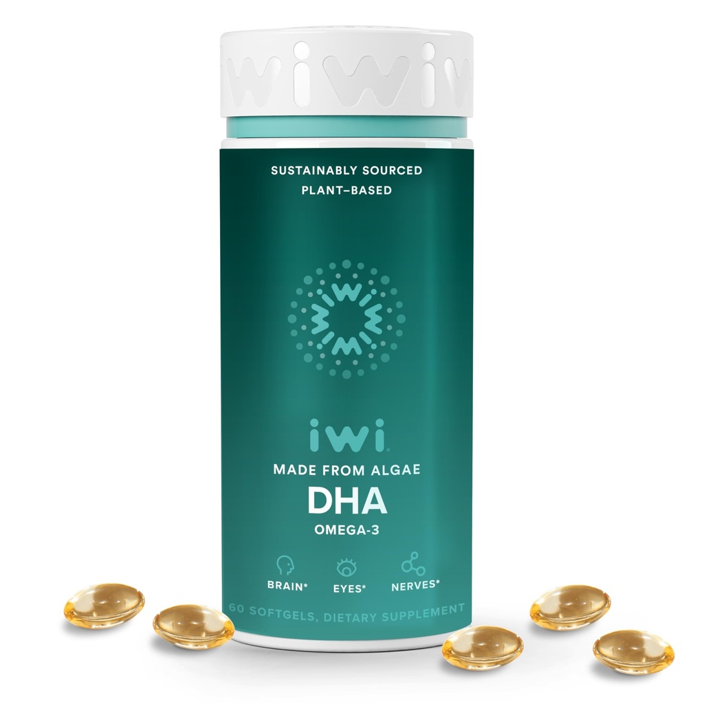 Iwi DHA Omega-3, 60 Softgels (30 servidos), Alga de base vegetal Omega 3, Cerebro, Ojos " Nervous System Support Suplemento dietético, Krill " Fish Oil Alternative, No Fishy Aftertaste