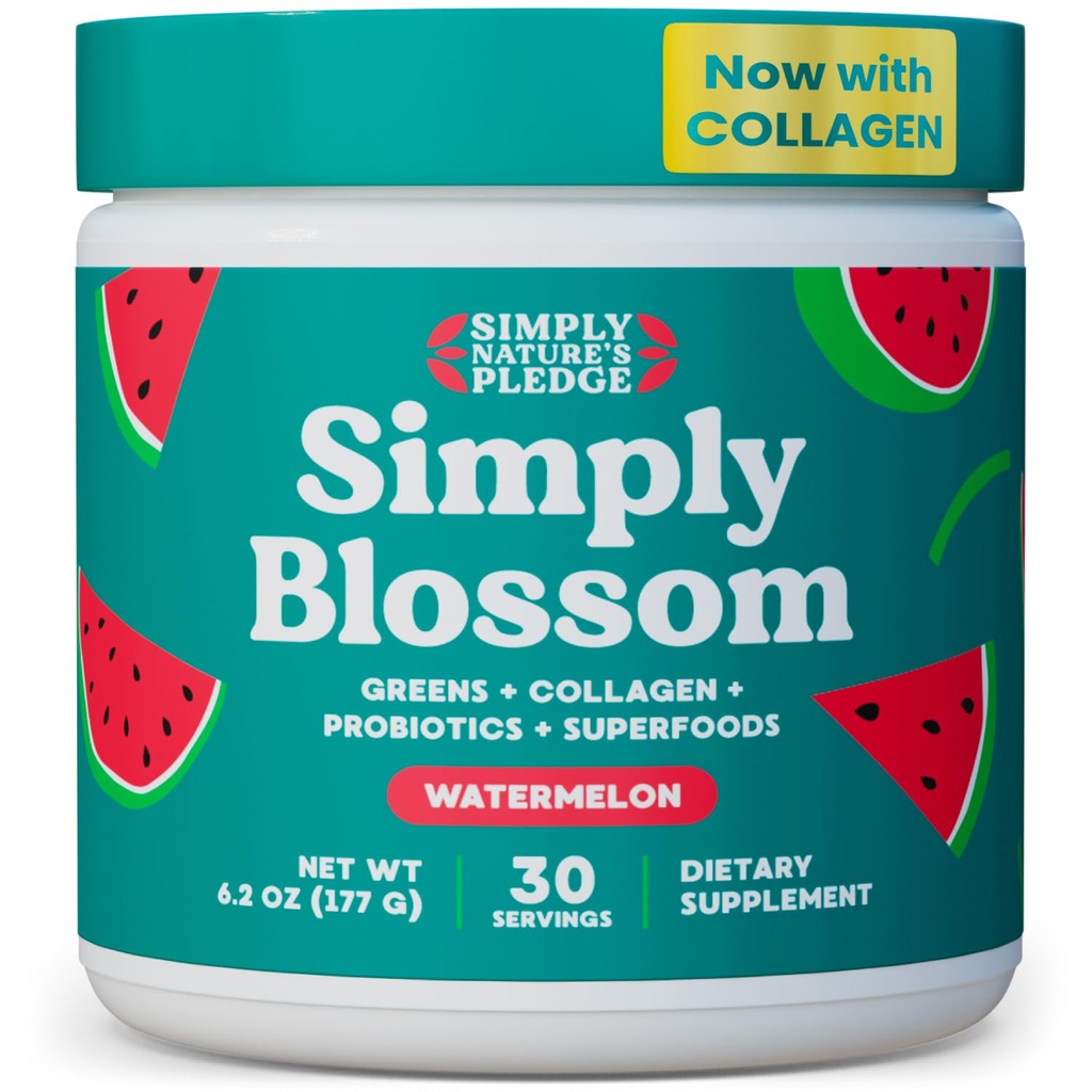 Sencillamente Blossom Nutrition Daily Greens " Superfood Powder + Collagen + Probiotics for Women's Digestive Health " Bloating Relief. Ayuda a su salud Bloom - 30 Day Supply - Watermelon