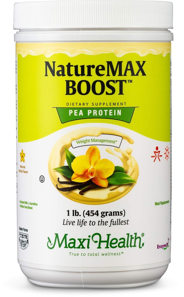 NatureMax BoostTM Pea Protein Powder - Suplemento de dieta Meal Reemplazo - 20g Proteína por ser - Natural Vanilla Flavor - Kosher Vitamina - 1lb
