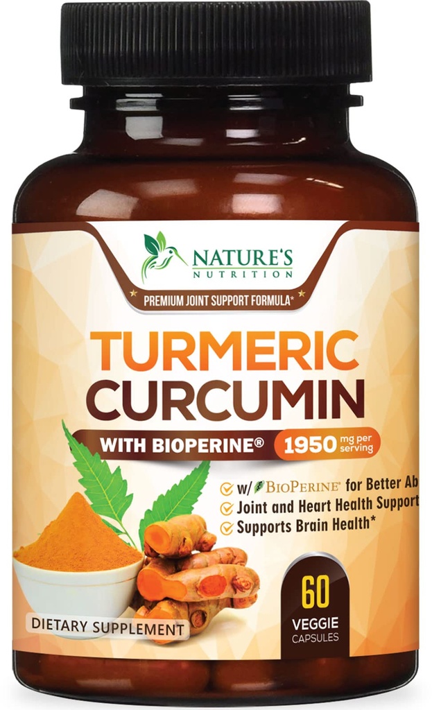 Curcumin Turmeric Suplemento 1950mg - 95% Curcuminoides con Turmeric Orgánica " BioPerine Black Pepper Extract for Best Absorption, Nature's Vegan Joint Support, Non-GMO, Bottled in USA - 60 cápsulas
