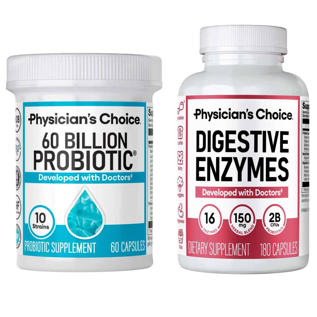Fisiciano's CHOICE - Optimal Gut Health Bundle: 60 Billion Probiotic 60ct + Digestive Enzyme 180ct for Digestive Comfort and Immune Support - Value Bundle