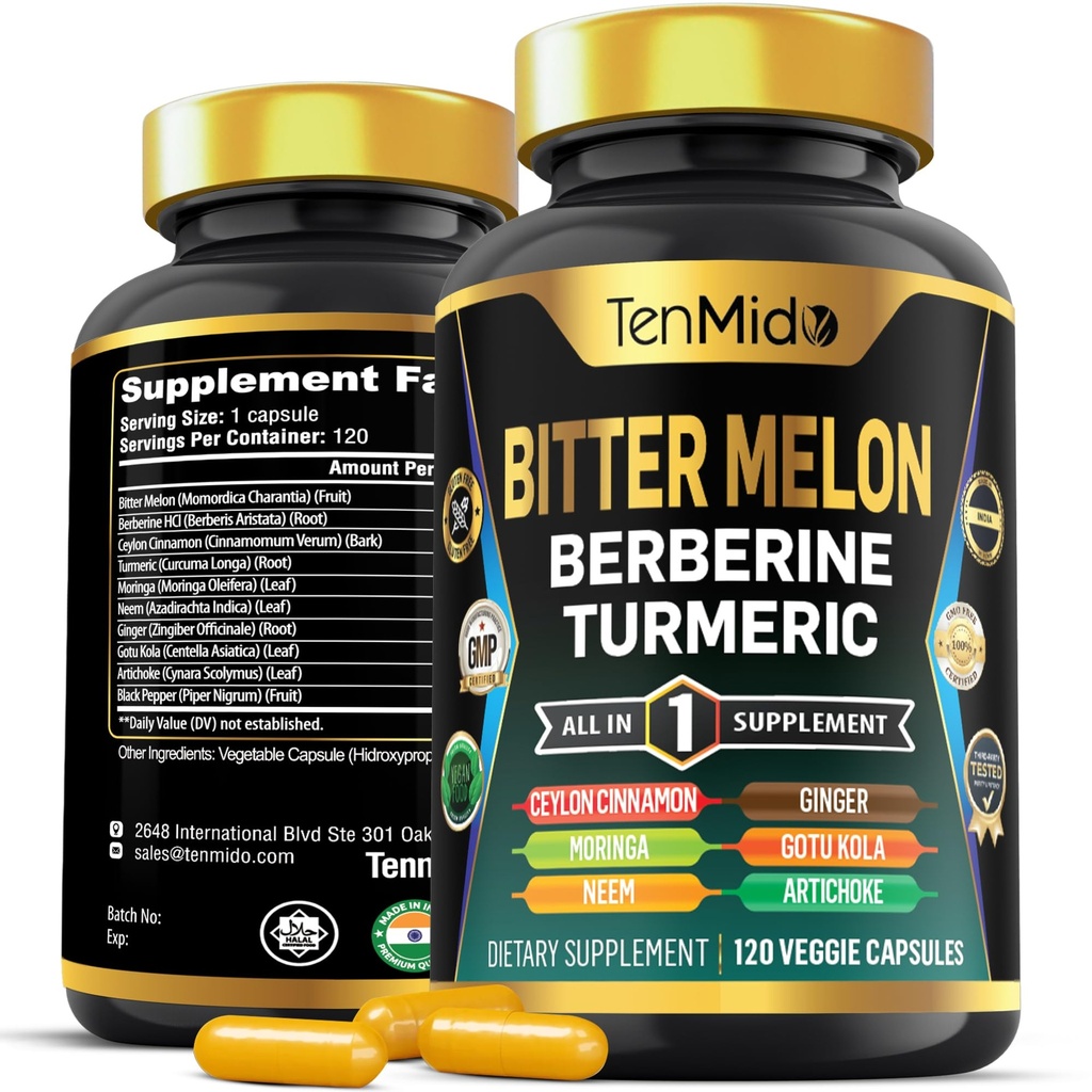 Bitter Melon Capsules - 10in1 Fórmula - Combina con Berberine, Ceylon Cinnamon, Turmeric, Moringa, Neem, Ginger, Gotu Kola, Artichoke y Black Pepper - 120 cápsulas para 4 meses de suministro