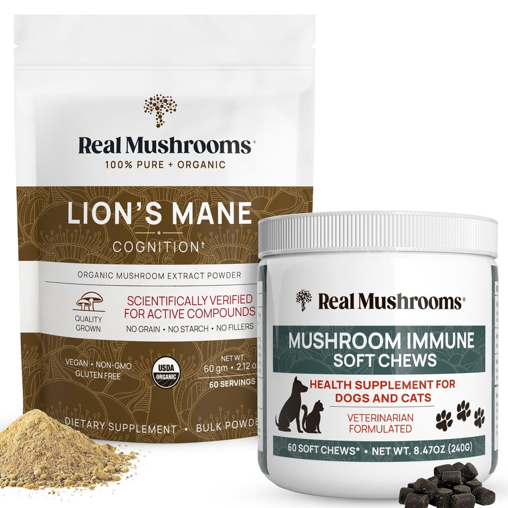 Mushrooms reales Lions Mane Powder for Humans (60g) & Mushroom Immune Pet Chews (60ct) - Bundle for Cognition & Immunity - Ashwagandha, Astragalus &amp; More - Vegan, Non-GMO, Gluten-Free, Grain-Free