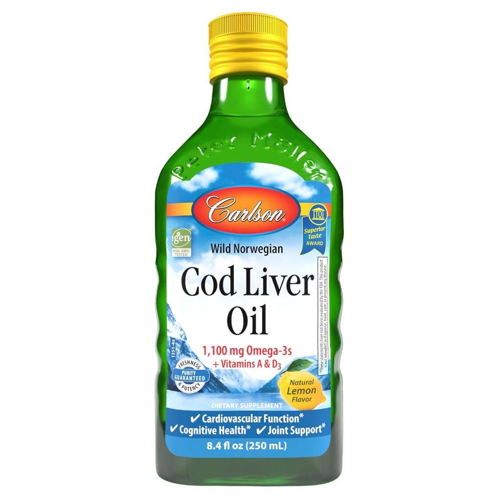 Carlson - Cod Liver Oil, 1100 mg Omega-3, Liquid Fish Oil Supplement, Wild-Caught Norwegian Arctic, Sustentably Sourced Nordic Liquid, Lemon, 250 ml