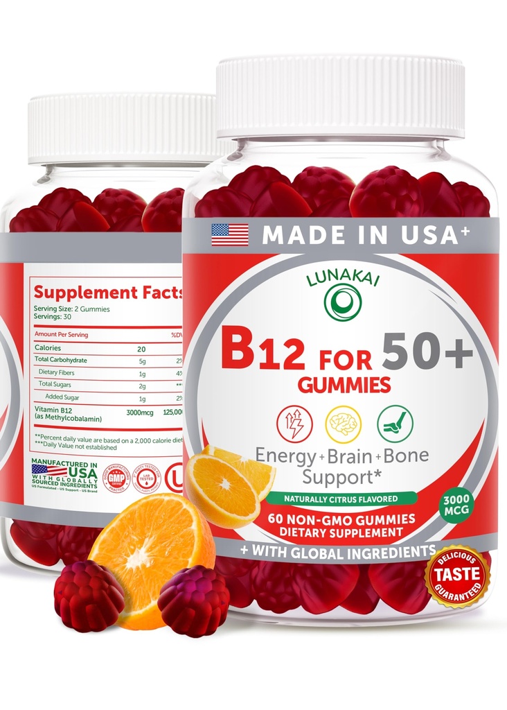Lunakai EE.UU. hizo vitamina B12 Gummies para adultos 50+, no GMO B12 para energía &amp; vitalidad Boost, sabor naranja delicioso, 60ct