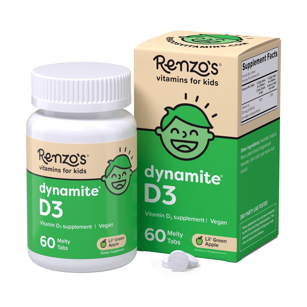 Vitamina D3 de Renzo, Dissolving Kids Vitamin D3, 60 Tabs sin azúcar, Lil’ Green Apple Flavored