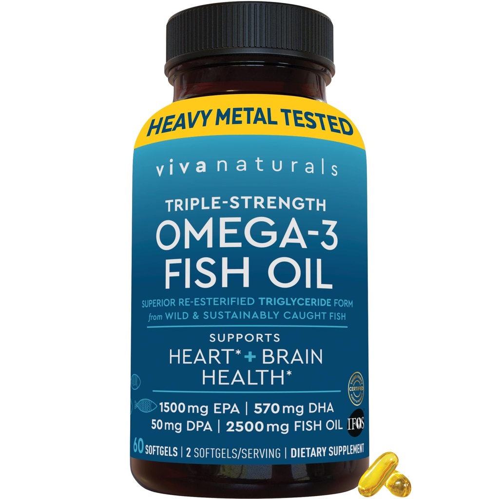Viva Naturals Omega-3 Fish Oil, Triple fuerza, 2500 mg, 60 Softgels – Reesterified Omega 3 ácidos grasos incluyendo EPA, DHA, DPA - Pascatarian-Friendly