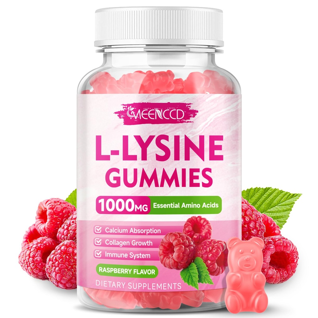 L-Lysine 1000mg Gummies, Lysine Supplement for Adults &amp; Kids, Essential Amino Acid Supplement for Lips & Oral Health, Boost Immune & Collagen & Calcium, Sugar-Free, Raspberry Flavor, 60 Conde