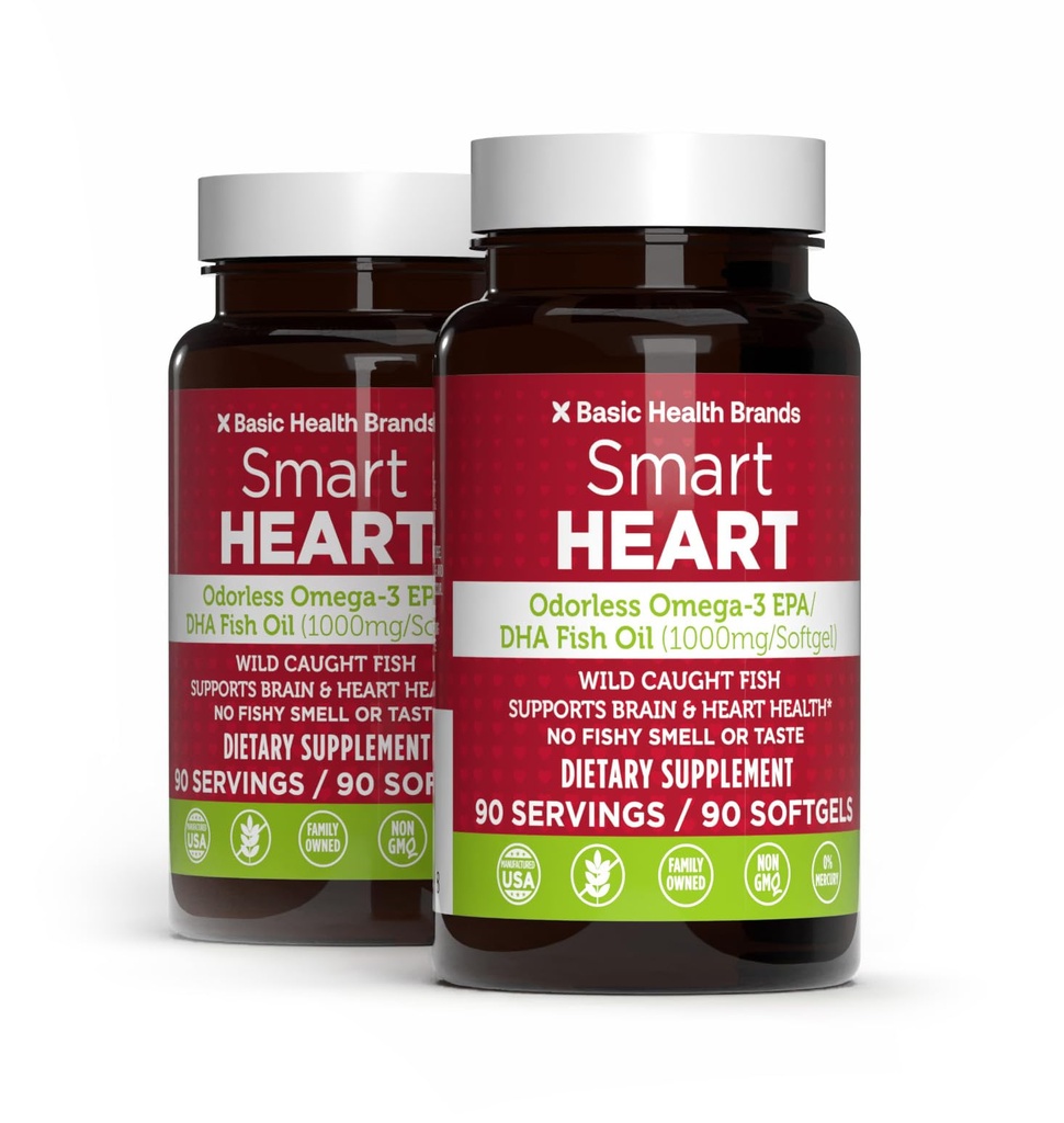 Marcas básicas Smart Heart Odorless Omega-3 Fish Oil 1000mg - Triple Strength EPA & DHA, Non-GMO, Heart & Cognitive Support - 90 Burpless Softgels - 2-Pack