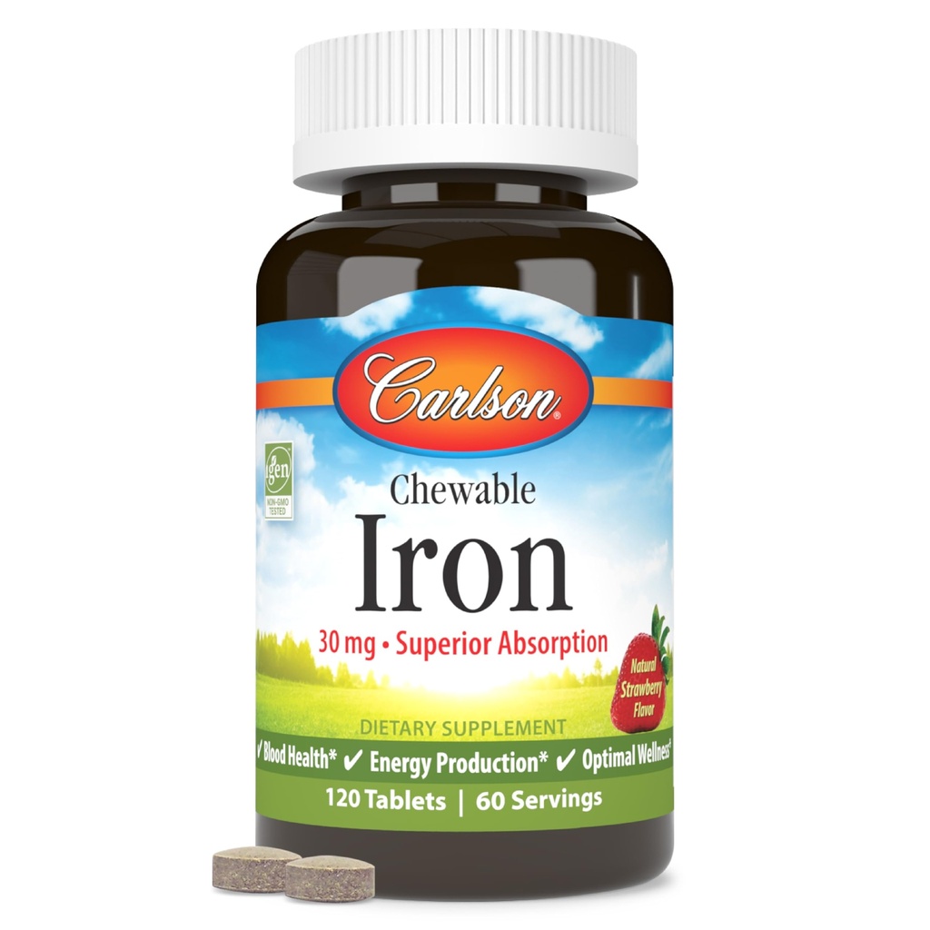 Carlson - Hierro Chewable, 30 mg, Absorción Superior, Salud de la Sangre, Producción de Energía y Bienestar Optimal, Suplemento de Hierro Chewable para Hombres Mujer, Sabor de Fresa Natural, 120 Tabletas