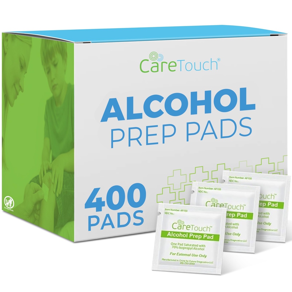 Care Touch Alcohol Wipes Agitado individualmente - Prep Pads con 70% Isopropyl Alcohol, Ideal para el hogar, Médico &amp; Primeros Kits de Ayuda Esterilizado, Antiséptico 2-Ply Swabs 400 Cuenta