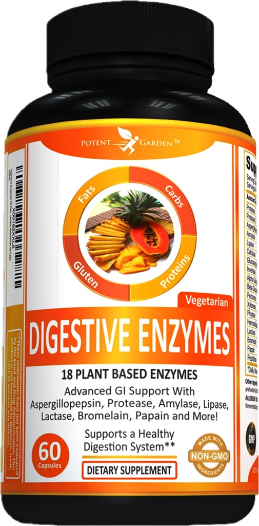 Potent Garden Digestive Enzymes -18 Plant Based Enzymes with amylase lipase bromelain Protease lactase &amp; Other Enzymes - One Pre Meal Pill Supports Healthy Digestion & Nutrient Absorption 60 Caps