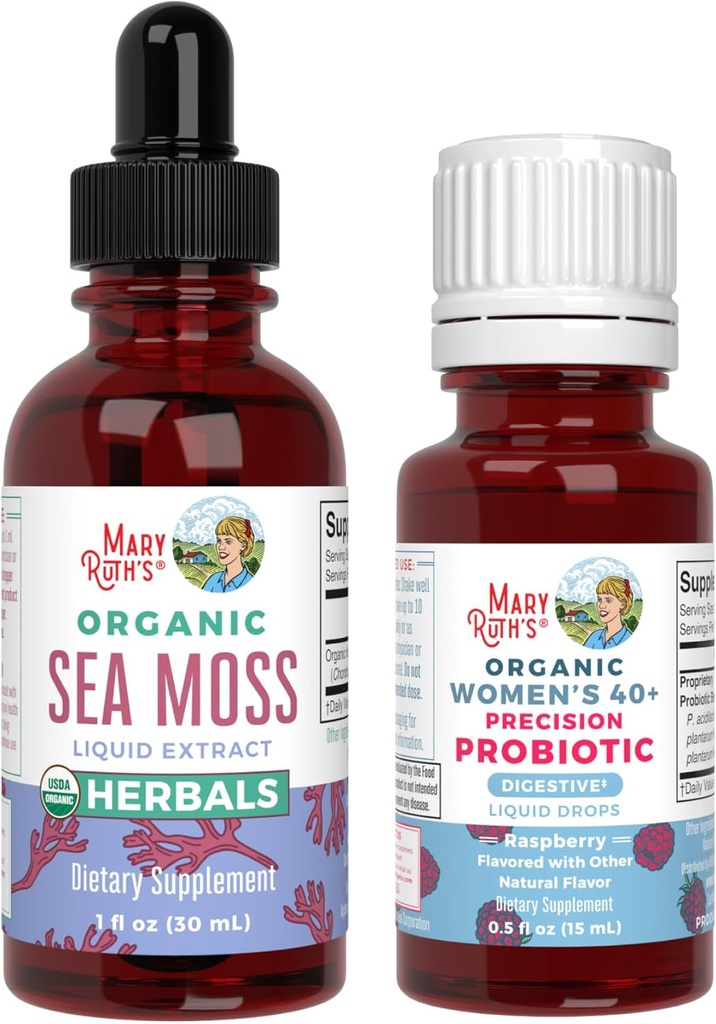 MaryRuth Organics Probiotic Digestion (Raspberry) for Women 40+ & Sea Moss Drops TEN USDA Organic, Clean Label Project Verified® TEN Vitaminas para Gut Health and Immunity TEN Vegan, Non-GMO, Gluten Free
