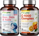 Complejo de piel de pelo y uñas 180 Caplets con 10000 mcg Biotina - Vitamina libre C-1000 30 Tabletas - Multivitamínicos soporta uñas fuertes Hermoso pelo envejecimiento saludable
